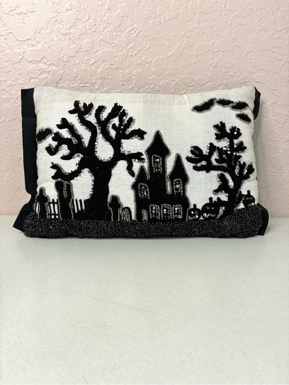 Halloween Decor Pillow 12X9 Cream Black Beaded Haunted House Spooky Holiday